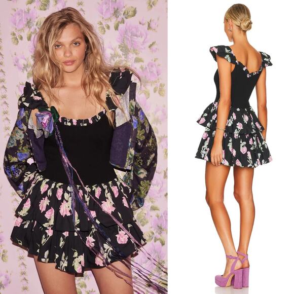 LoveShackFancy Sanam Mini Dress Painted Mime Black Floral Size 8‎ NWT - Picture 1 of 13